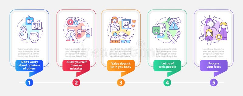 Self-care practices rectangle infographic template. Process fears. Data visualization with 5 steps. Process timeline info chart. Workflow layout with line icons. Myriad Pro-Bold, Regular fonts used. Self-care practices rectangle infographic template. Process fears. Data visualization with 5 steps. Process timeline info chart. Workflow layout with line icons. Myriad Pro-Bold, Regular fonts used