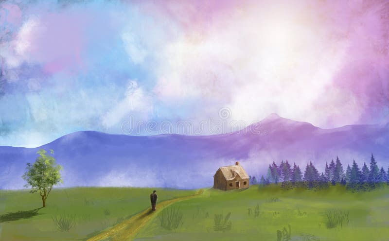 Prato, alberi, casa ed uomo della pittura di Digital con il cielo drammatico illustrazione vettoriale Prato, alberi, casa ed uomo della pittura di Digital con il cielo drammatico illustrazione vettoriale