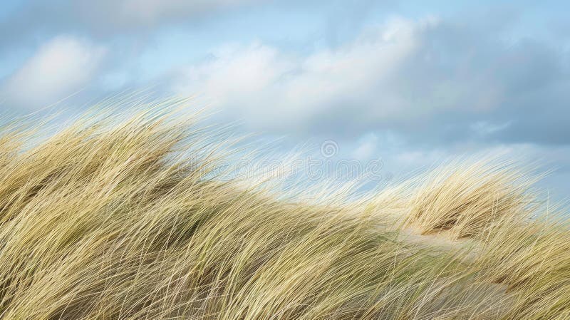 A natural landscape of tall grass stretching towards the horizon with the ocean in the background. Clouds float in the sky above the fluid water AIG50 AI generated. A natural landscape of tall grass stretching towards the horizon with the ocean in the background. Clouds float in the sky above the fluid water AIG50 AI generated