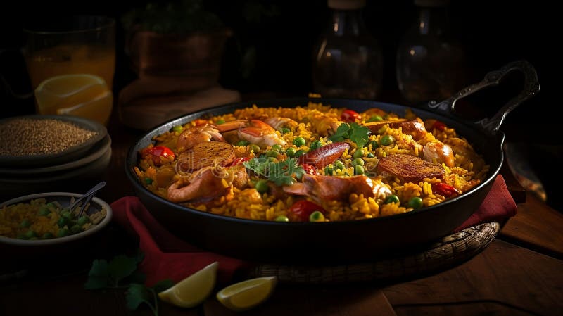 Vetores de Paella Tradicional De Frutos Do Mar Espanhol Em Arroz