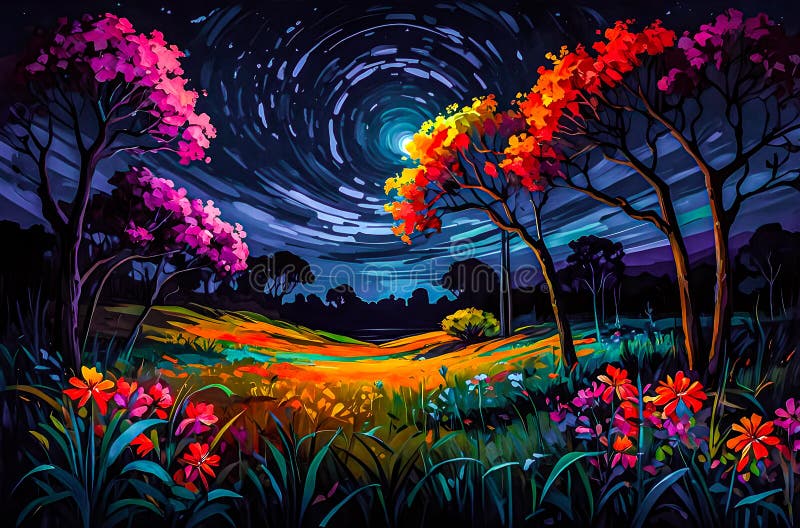 Prato floreale mistico di notte : un paesaggio surreale di fiori brillanti royalty illustrazione gratis