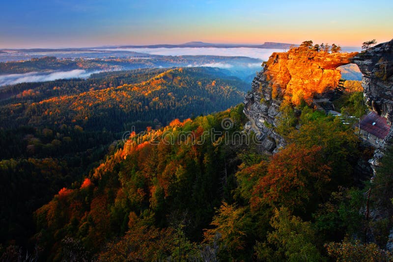 Pravcicka brana rock bridge monument in autumn colours. Czech national park Ceske Svycarsko, Bohemian Switzerland park, Czech