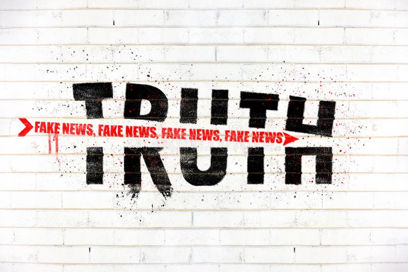 The word truth with an arrow of fake news painted on old white wall, Truth being destroyed by fake news, concept illustration. The word truth with an arrow of fake news painted on old white wall, Truth being destroyed by fake news, concept illustration