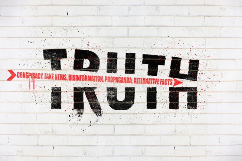 The word truth with an arrow of conspiracy, fake news, disinformation, propaganda, alternative facts, painted on old white wall, Truth being destroyed concept illustration. The word truth with an arrow of conspiracy, fake news, disinformation, propaganda, alternative facts, painted on old white wall, Truth being destroyed concept illustration