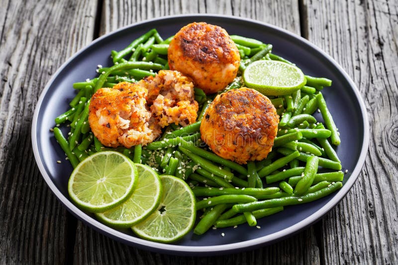 Prawn and Crab Cakes on a Plate with Green Beans Stock Image - Image of ...