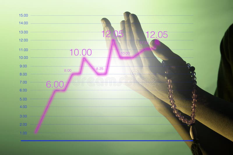 Pray with open arms while holding prayer beads, isolated line graphs that show an increase in religious worship stock photography