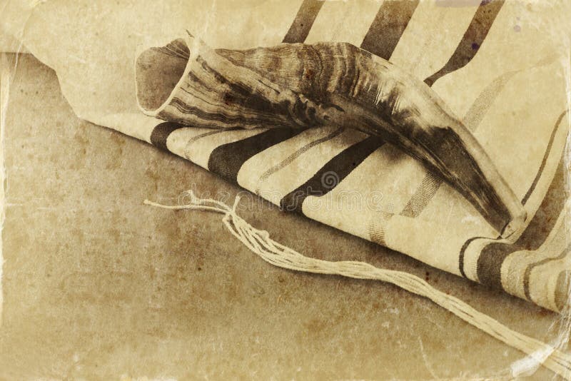 Prayer Shawl - Tallit and Shofar & x28;horn& x29; jewish religious symbol stock photos Prayer Shawl - Tallit and Shofar & x28;horn& x29; jewish religious symbol stock photos