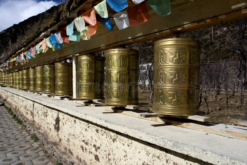 Prayer Wheels and Flags, Shangrila, Yunnan Stock Image - Image of ...