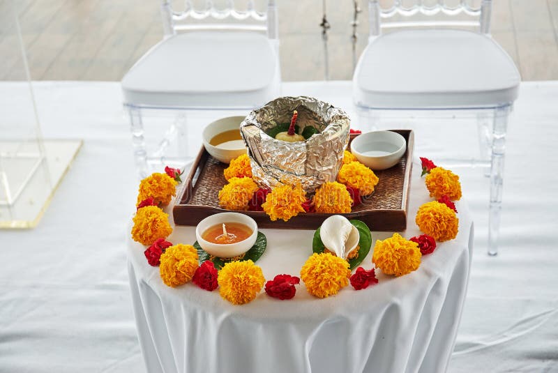 Indian wedding prayer items for thread ceremony, pooja Puja in the morning stock image Indian wedding prayer items for thread ceremony, pooja Puja in the morning stock image