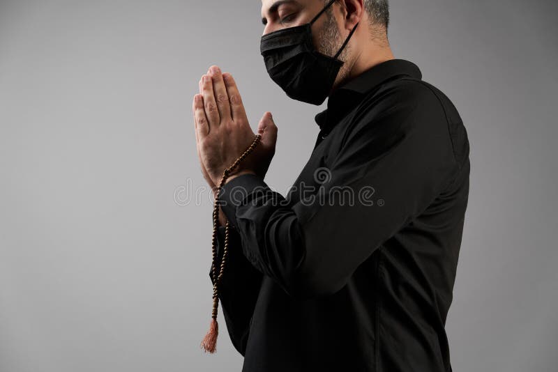 Praying Muslim Man in Medical Mask. Ramadan Kareem and Coronavirus ...