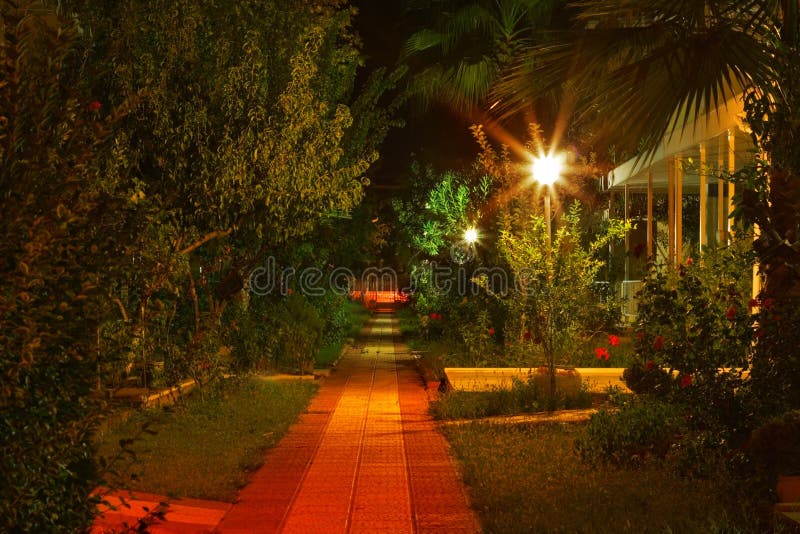 Colorful pre dawn gardens with pathway. Colorful pre dawn gardens with pathway