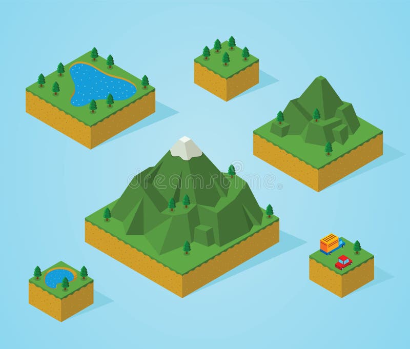 Pixel art paisagem isométrica, com ponte, árvores, grama, rio