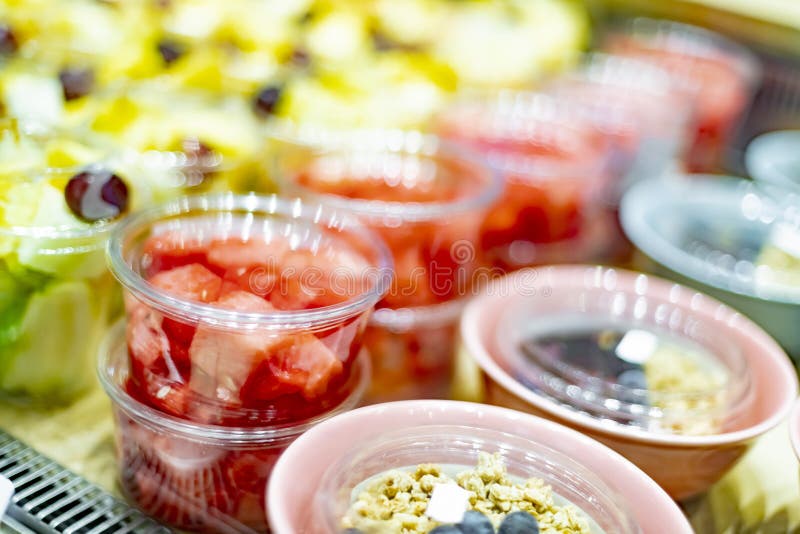 Prepackaged Fruit Salads Displayed in a Commercial Refrigerator Stock Photo Image of