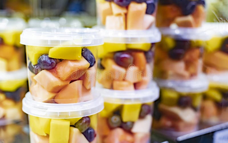 Prepackaged Fruit Salads Displayed in a Commercial Refrigerator Stock Image Image of balanced