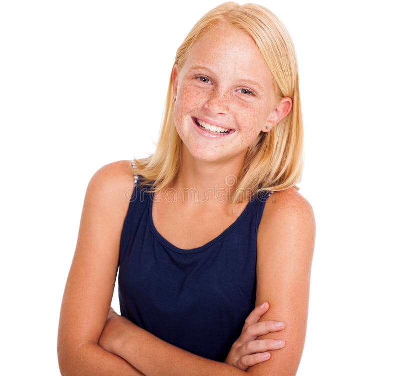 Cute pre teen girl half length portrait on white. Cute pre teen girl half length portrait on white