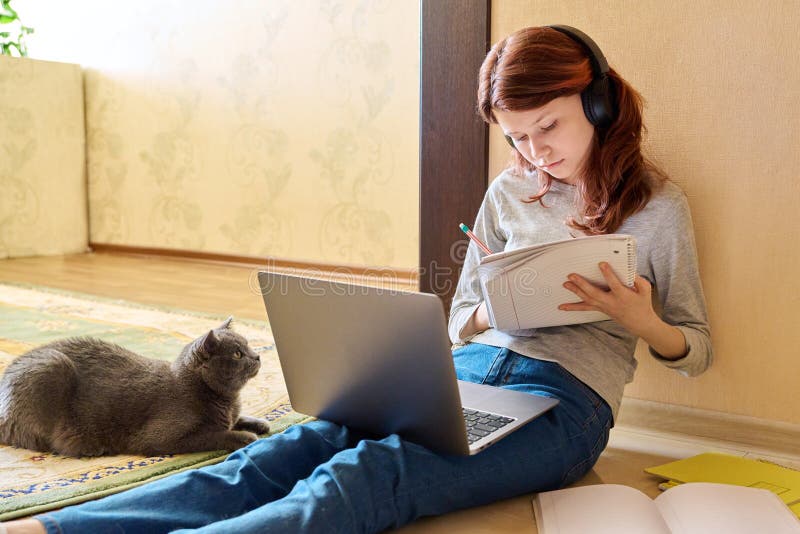 Preadolescente estudiando en casa usando laptop junto con gato imagenes de archivo
