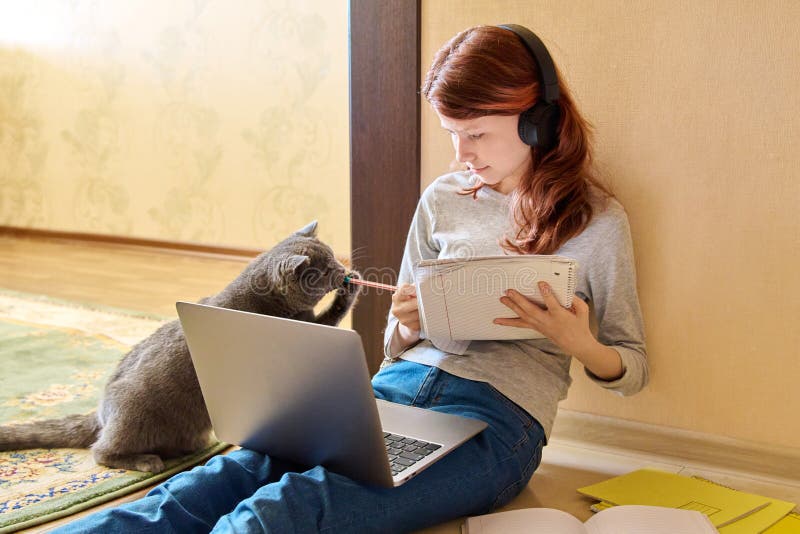 Preadolescente estudiando en casa usando laptop junto con gato imágenes de archivo libres de regalías