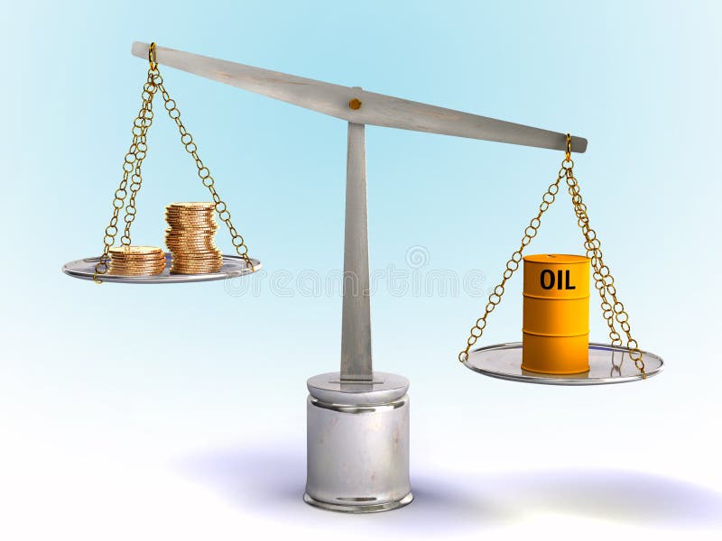 Coins and oil drum on a balance. Digital illustration. Coins and oil drum on a balance. Digital illustration.