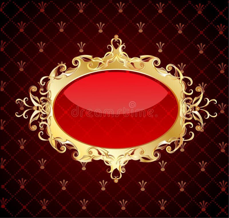 Precious, gold, oval frame with an original author pattern on a dark red background with the gilded pattern. Precious, gold, oval frame with an original author pattern on a dark red background with the gilded pattern.