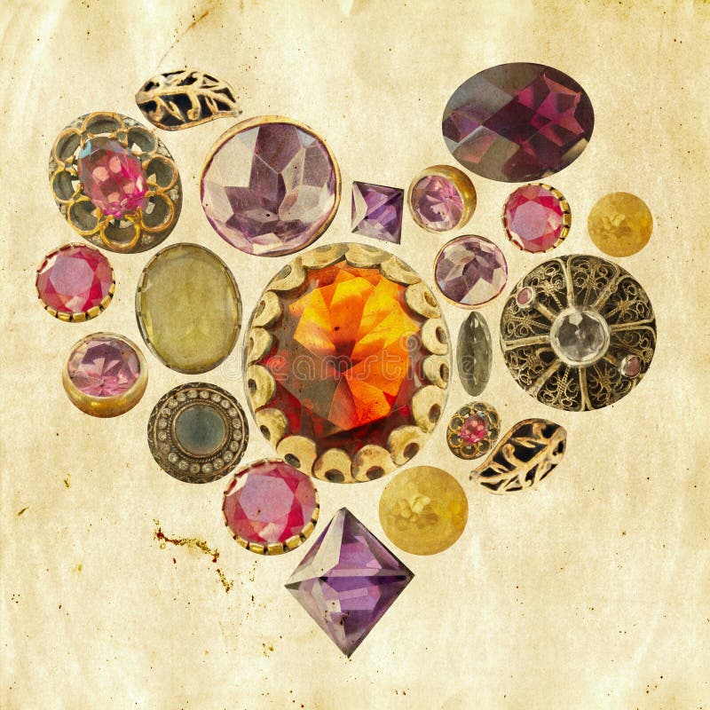 Gems and precious stones arranged in heart shape on grunge paper background. Gems and precious stones arranged in heart shape on grunge paper background