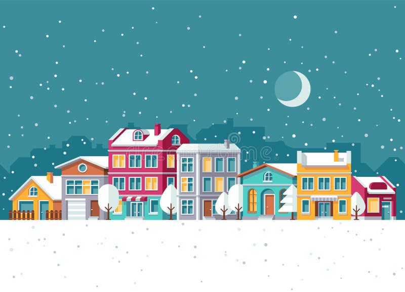 Precipitazioni nevose nella città di inverno con l'illustrazione di vettore del fumetto delle casette Concetto di feste di Natale