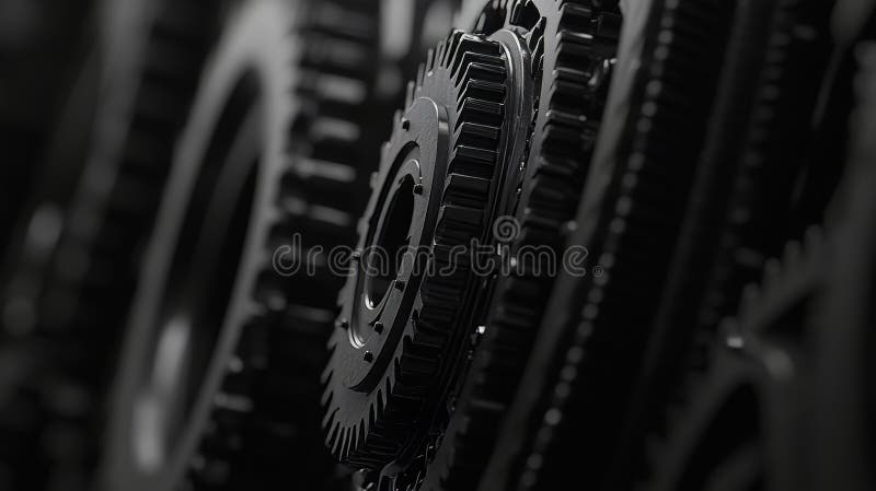 A precise and intricate system of interlocking metal gears is on display, highlighting the complexity of modern royalty free stock photography