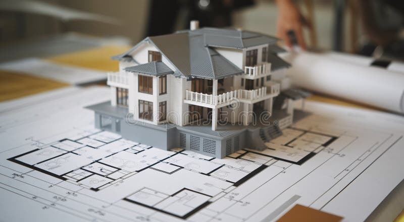 Detailed Model of a House on Architectural Blueprints stock illustration
