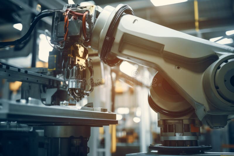 Precise robotic manipulator machine welding hand at factory's assembly line manufacturing process. Innovative stock illustration