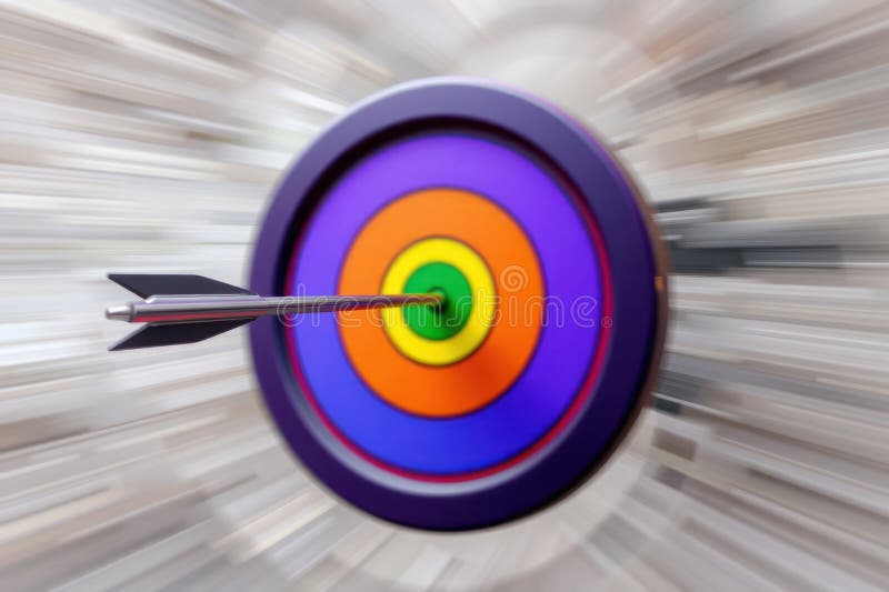 A vibrant target with an arrow hitting the center precisely. Aiming target illustrations