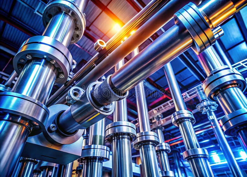 Precision Engineering in Action A HighPerformance Hydraulic Piston within a Modern Industrial Manufacturing Facility stock illustration