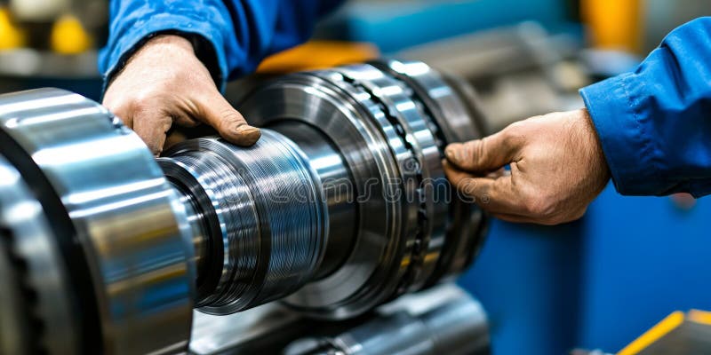 Precision Engineering CNC Operator Examines Intricate Metal Component in Manufacturing Facility royalty free illustration