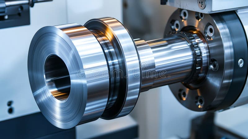 Precision Machining in Action Close-Up of CNC Lathe Shaping a Shiny Metal Component. royalty free illustration