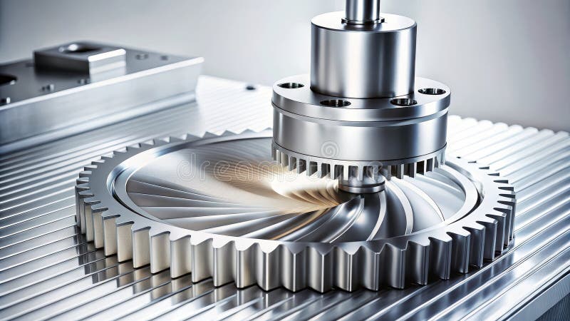 Precision machining a close-up view of a metal gear being precisely fabricated by a high-tech industrial machine. Generative AI stock illustration