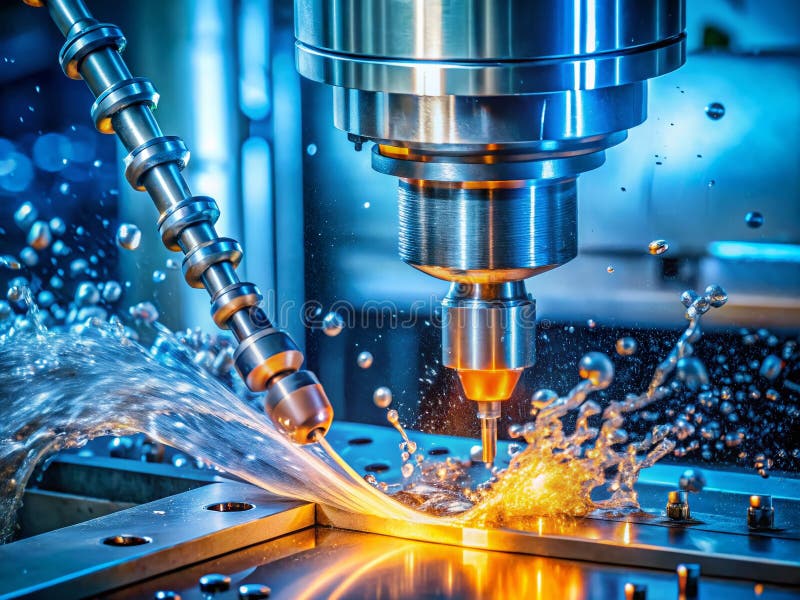 Precision Machining CNC Grinding and Milling Machine in Action Showing Coolant Flow and HighPrecision Metal Components vector illustration