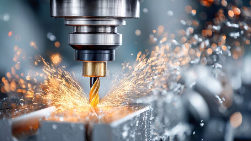 Precision machining process with metal cutting tool creating sparks in industrial workshop environment stock illustration