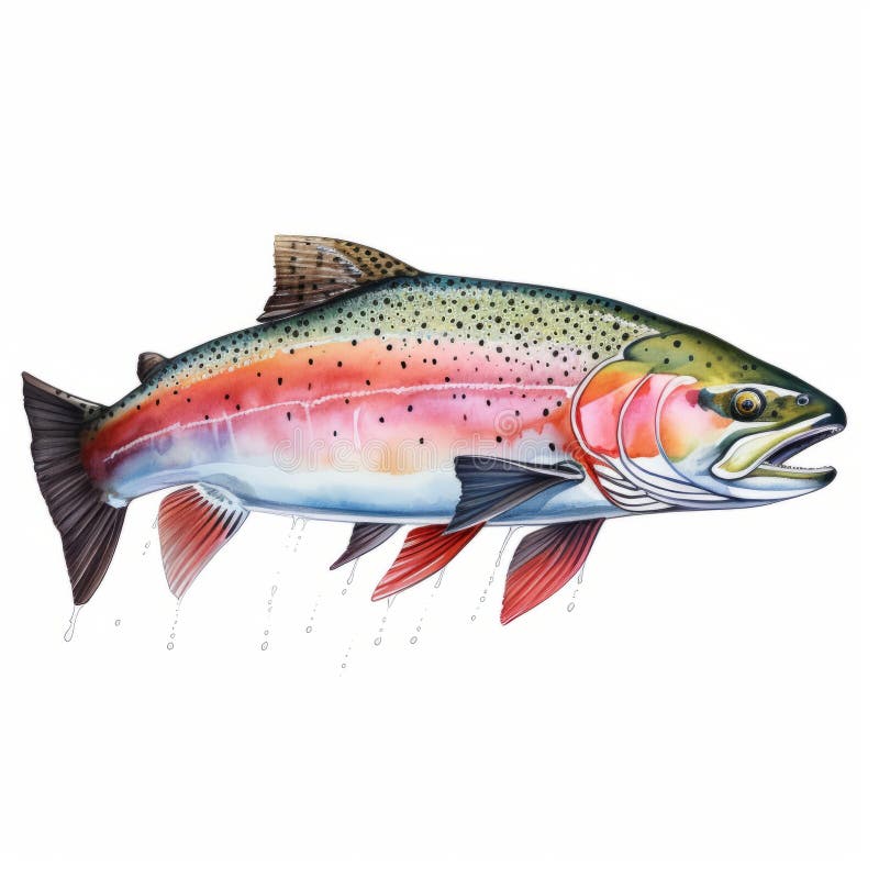 Precision Painted Illustrations of Rainbow Trout Swimming Stock