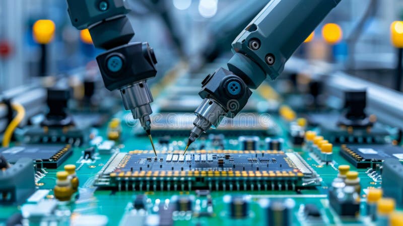Precision robotic arm engaged in the manufacturing process of a detailed circuit board within a technologically advanced factory stock illustration