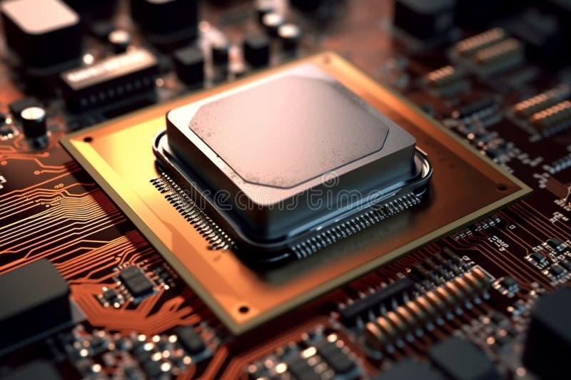 Precision shot, Close-up of computer processor in motherboard. stock illustration