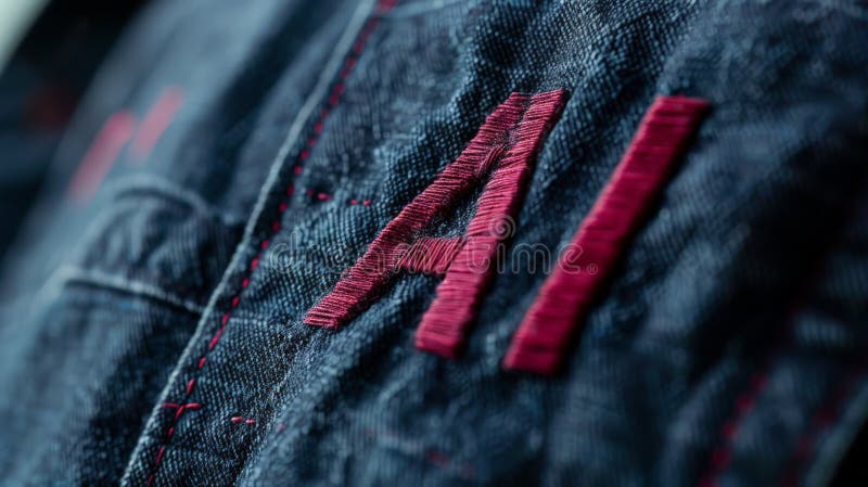 Precisionsbroderier : ai på jersey. En klar flatperspektivvy av ordet "ai Expert Machine inbroiderad på en jersey väv. Konstruktionen är starkt fokuserad och visar upp det noggranna hantverket utan belysningseffekter eller oskärpa