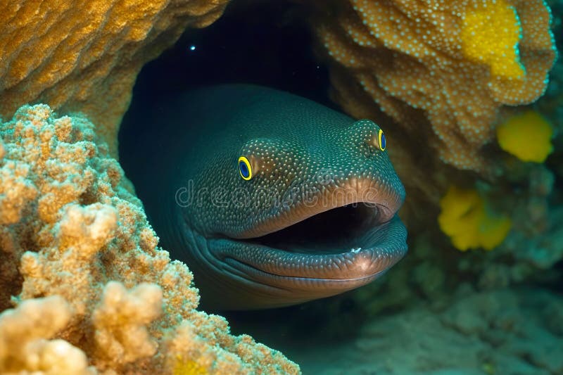 Predatory Dangerous Moray Eel with Yellow Round Eyes Looking Out of