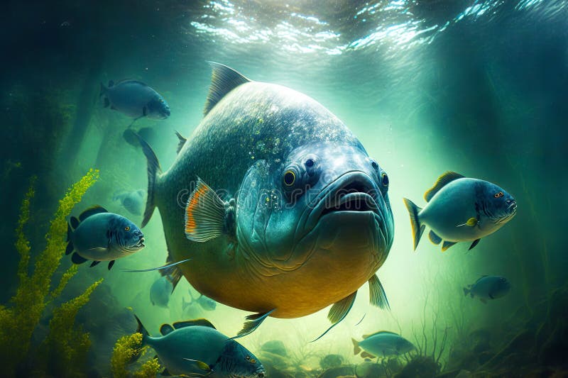 Predatory fish piranhas swimming underwater while hunting, created with generative ai