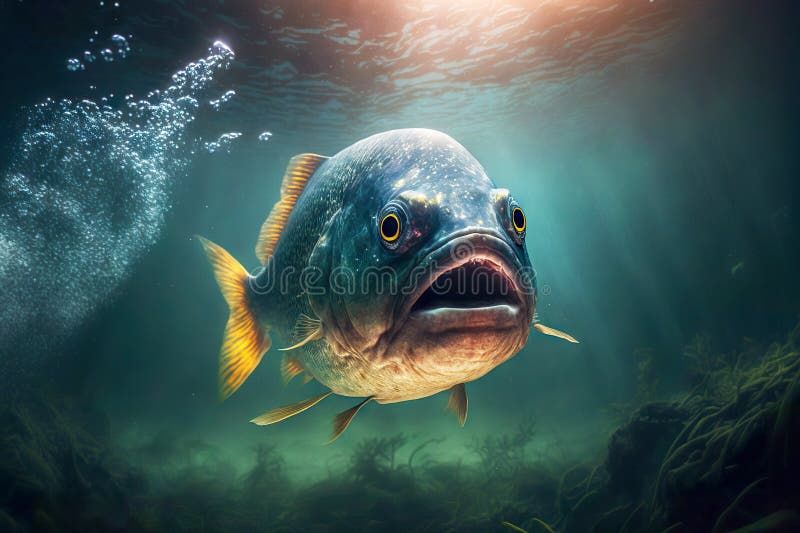 Predatory fish piranhas swimming underwater while hunting, created with generative ai