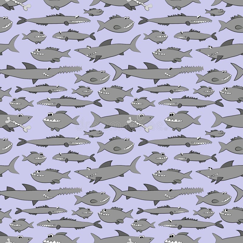 predatory fishes - sharks and piranhas, seamless pattern on blue background. Vector illustration