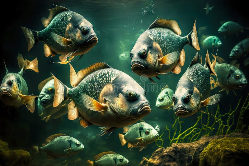 Predatory piranhas swim from side to side along bottom of river, created with generative ai