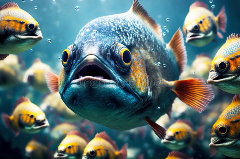 Predatory piranhas in wild posing danger to other animals, created with generative ai