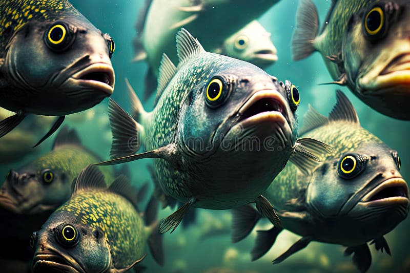 Predatory piranhas in wild posing danger to other animals, created with generative ai