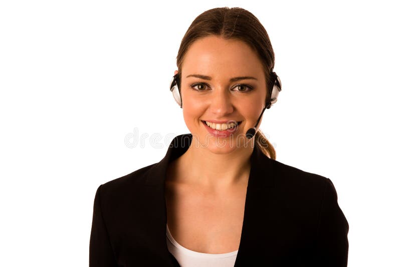 Preety happy asian caucasian business woman with headset isolated