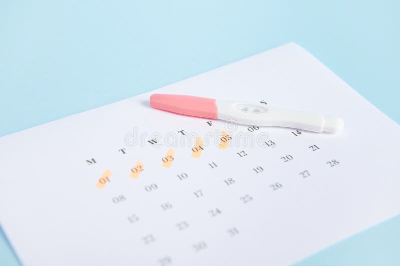 Pregnancy Test and Calendar with Dates of Last Menstruation Marked on