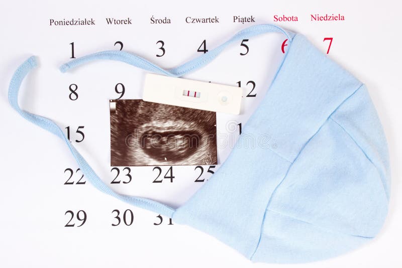 Pregnancy test, ultrasound scan of baby and clothing for newborn on calendar, expecting for baby royalty free stock images