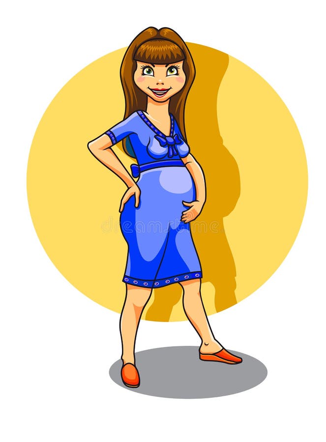 Vector Illustration of Happy Pregnant Woman Touching, Looking